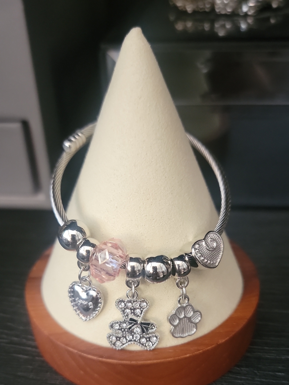 Silver Charm Bangle Bracelet with Pink Faceted Bead